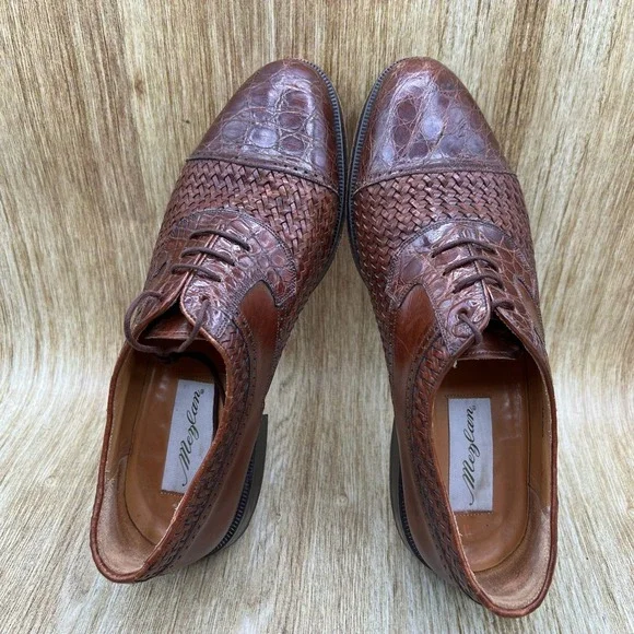 Mezlan Acapulco Men's 8.5 Brown Woven Leather Genuine Crocodile Cap Toe Oxfords